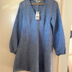 Boden Blue V-Neck Long Sleeve Linen Dress